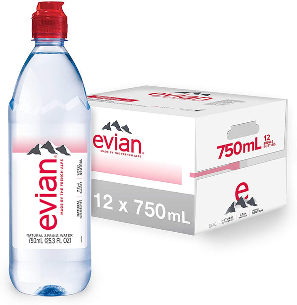 Evian Water sport cap plastic  750ml, Pack of 12 Bottles