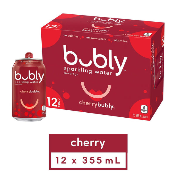Bubly Sparkling Water Cherry flavor , 355 ml  12 pack Cans*